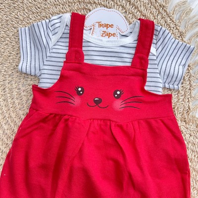 Conj. Body Listrado e Salopete Gatinha - Branco e Vermelho 